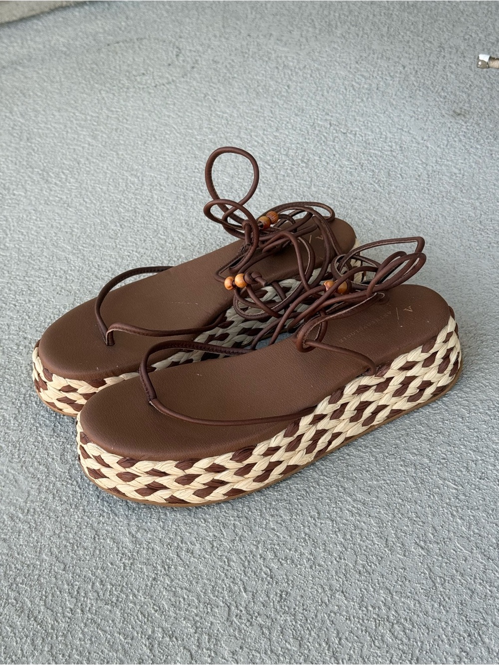 Anthropologie Platform Woven Raffia & Leather Lace Up Sandals Sz 40 US 9.5 Brown - Picture 9 of 14